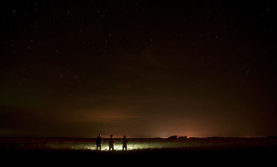 people, lights, night, space, adventure, dark, field, northern lights HD wallpaper