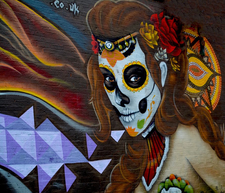 woman in sugar skull face paint wall artwork, Graffiti, Street Art
