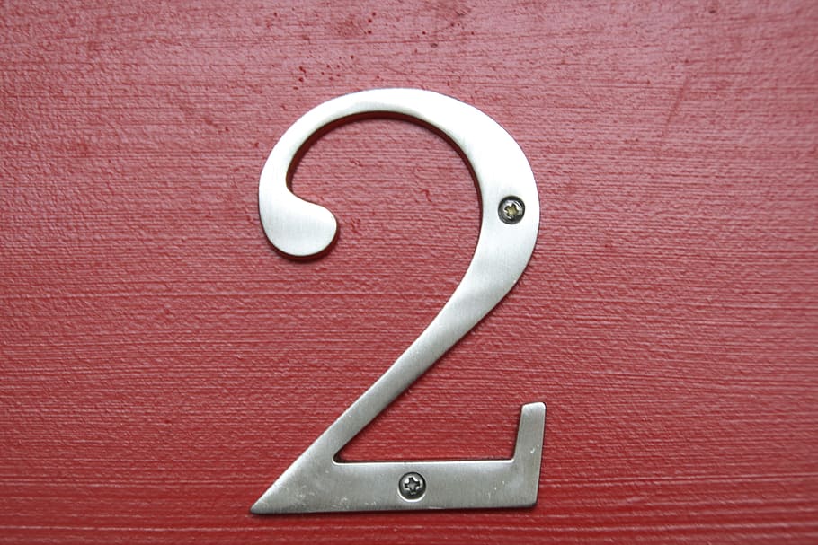 gray metal 2 emblem, number, number 2, two, silver, screwed, red