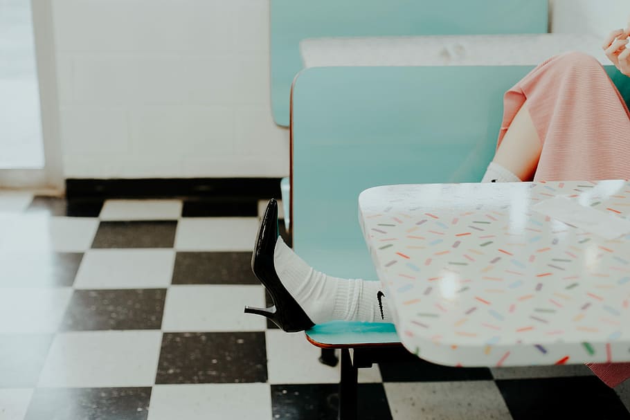 woman lying on chair, woman lying on bench, floor, checkerboard HD wallpaper