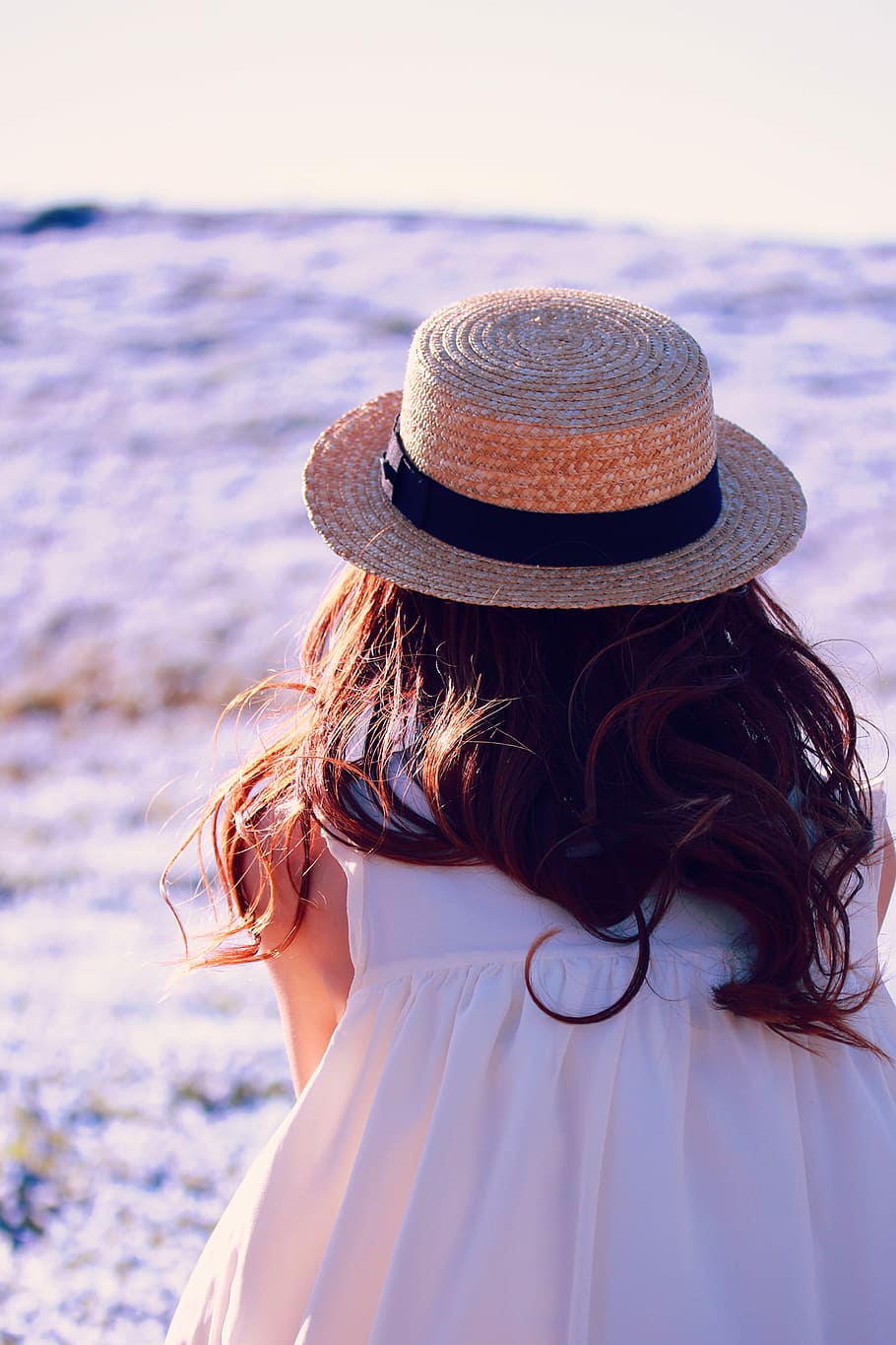 woman's with brown sun hat with white sleeveless dress, women HD wallpaper