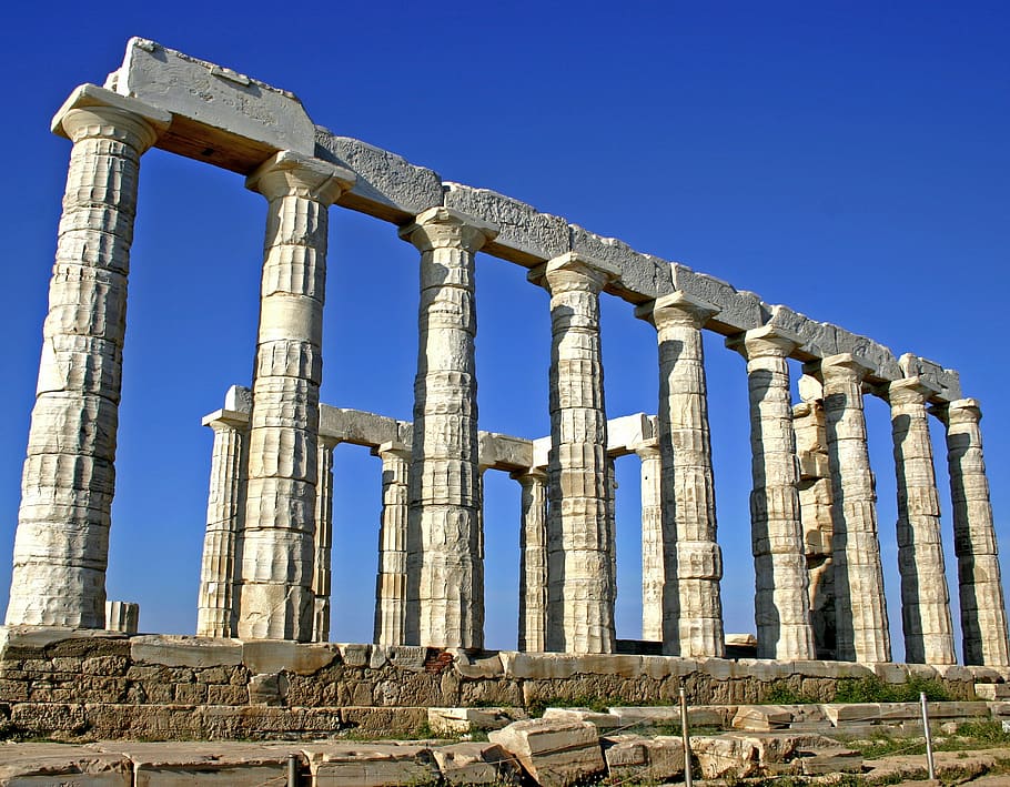 close view of ruins, greece, poseidon, temple, ancient, architectural Column, HD wallpaper