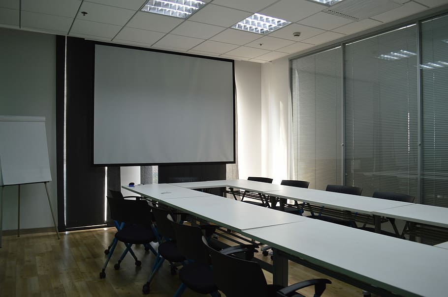 white table near white dry and erase board, empty, conference room HD wallpaper