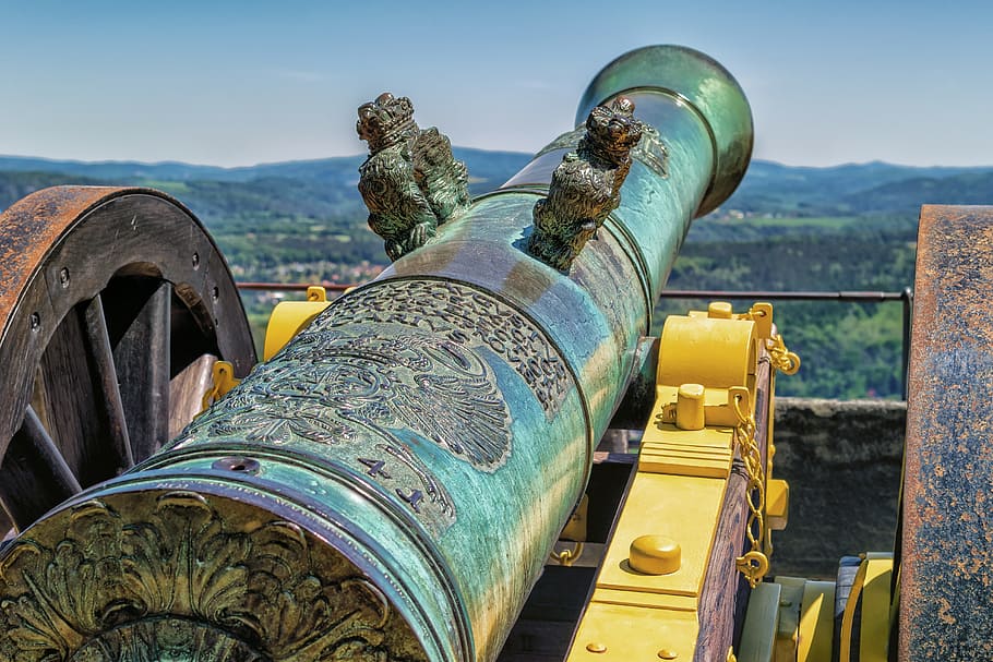 close up photography of blue and brown canon, gun, historically, HD wallpaper