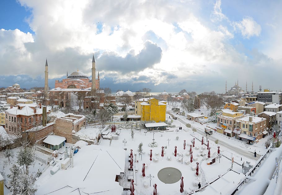 aya sofia, sultanahmet, snow, architecture, built structure HD wallpaper