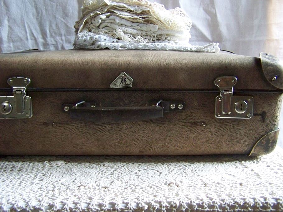 closed brown briefcase, suitcase, lace, old, indoors, luggage HD wallpaper