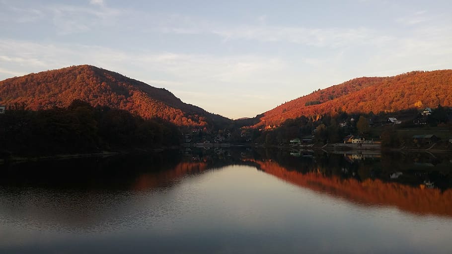 orange, water, three, reflection, scenics - nature, lake, sky HD wallpaper