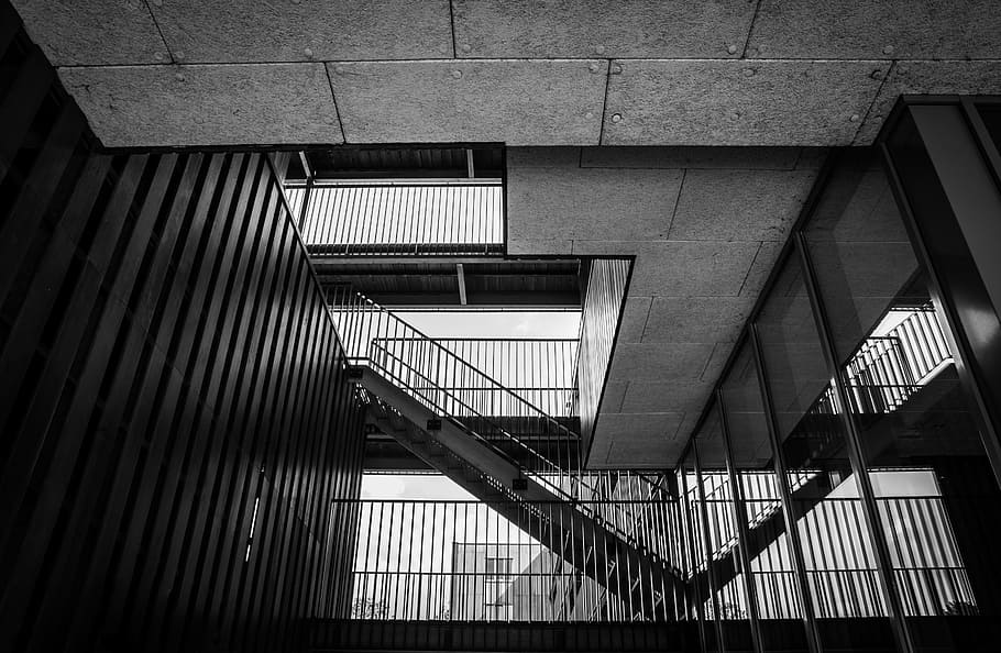 grayscale staircase, stairs, step, stairway, business, interior HD wallpaper