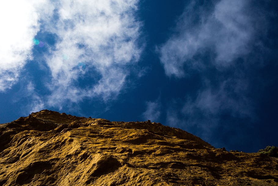 blue, sky, clouds, mountain, highland, cloud - sky, rock, beauty in nature HD wallpaper