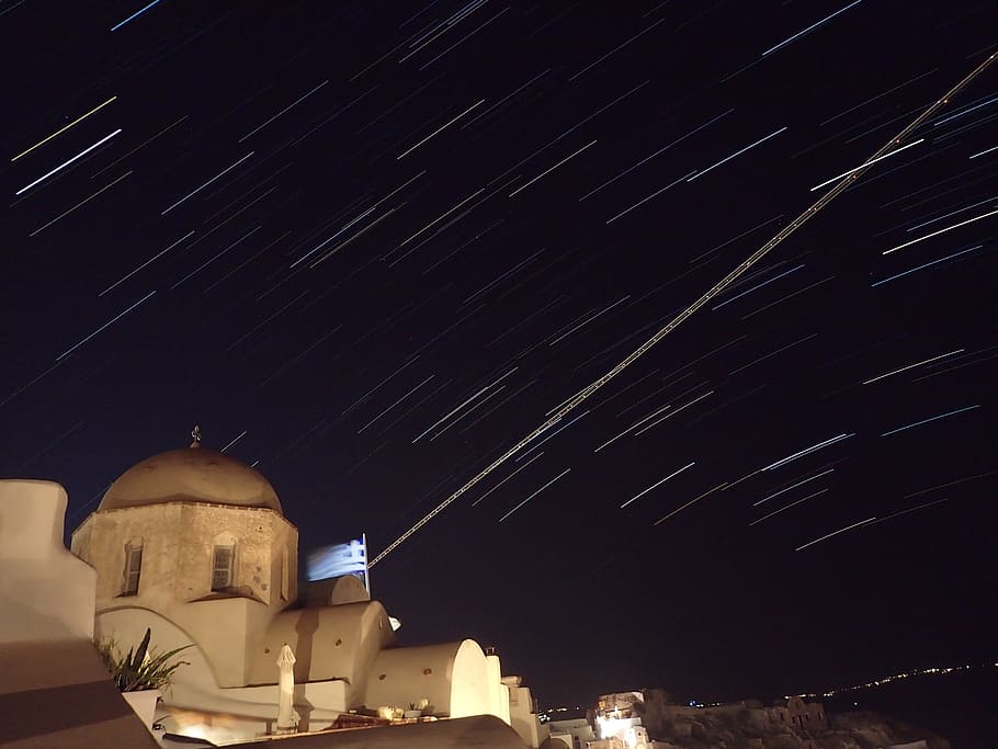 Night, Chapel, Greece, Flag, Aircraft, stars, architecture HD wallpaper