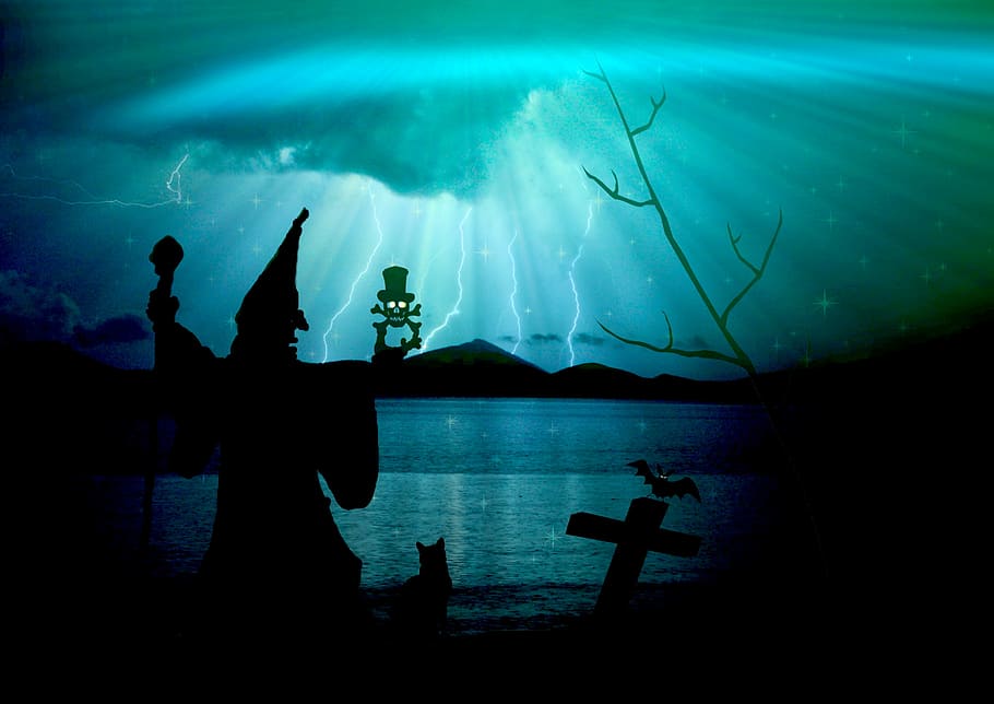 Hd Wallpaper Creepy Witch In Fantasy Blue Landscape With Lightning Blue Sky Wallpaper Flare