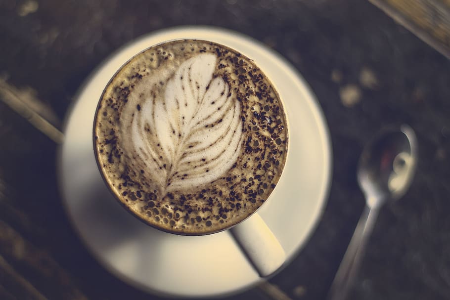 coffee, cafe, hot, mug, cup, white, art, design, plate, spoon HD wallpaper