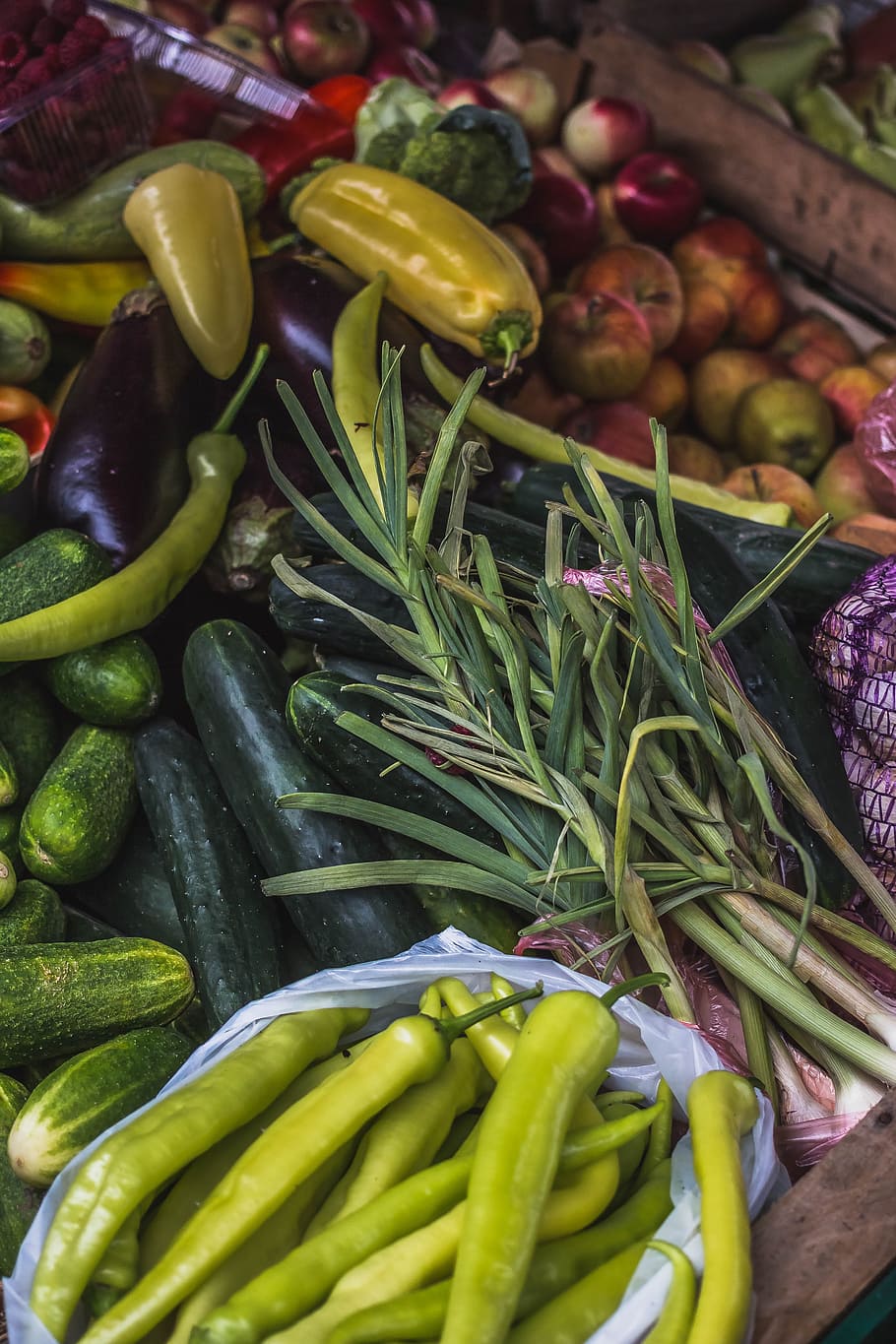 Market, Vegetables, Fruit, Paprika, Leek, cucumbers, eggplant HD wallpaper