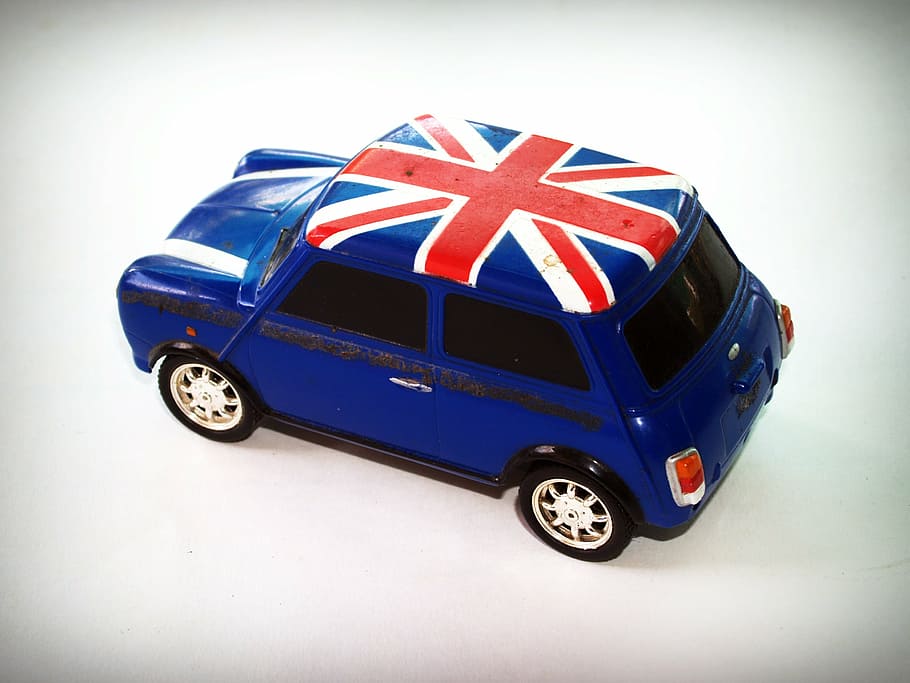 classic blue hatchback with Union Jack roof scale model, auto