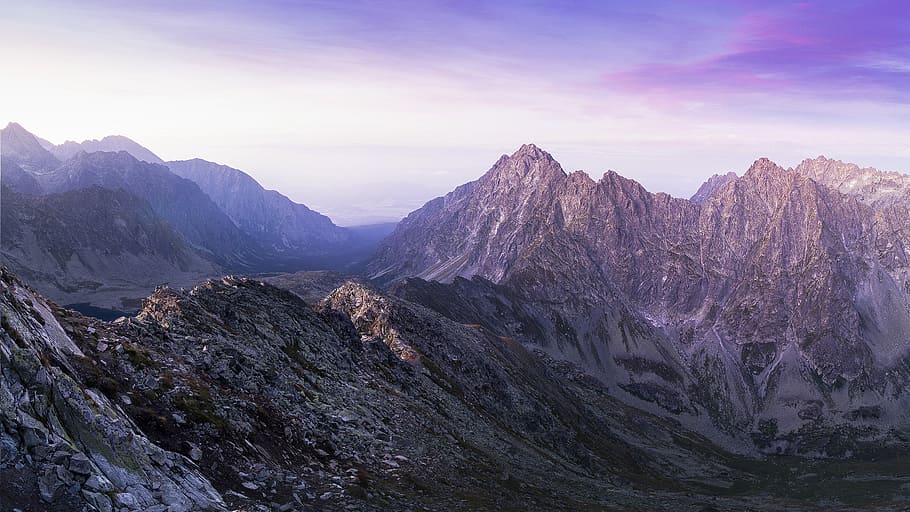 landscape photography of mountain ranges under purple and pink skies, landscape photo of green mountain s HD wallpaper