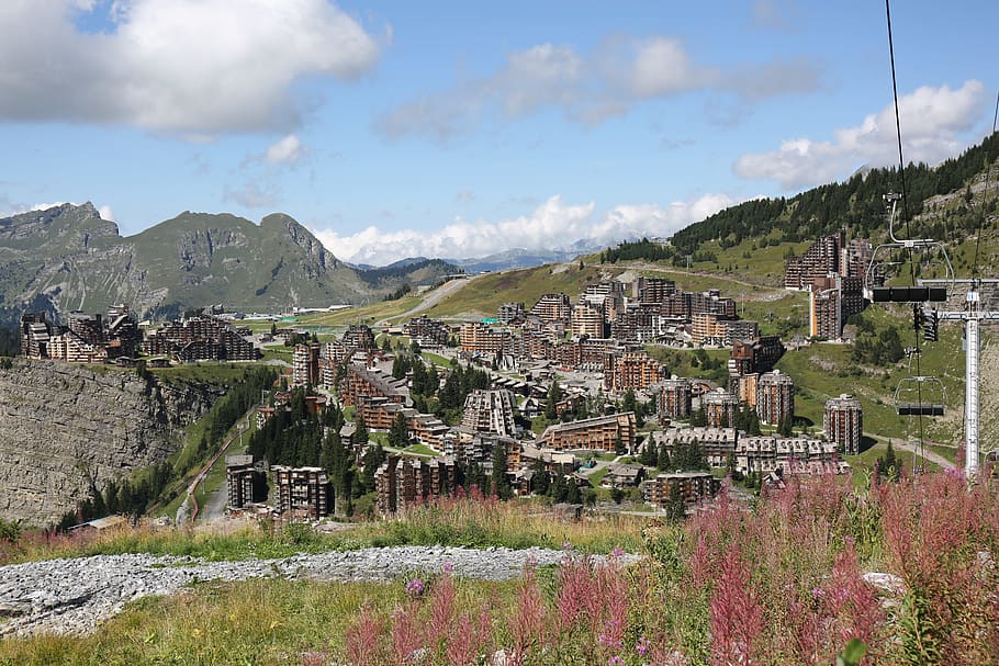 mountain, summer, avoriaz, architecture, sky, built structure HD wallpaper