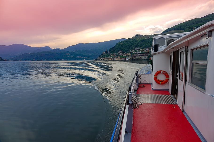 lake, ship, boat, sunset, cruise, mountain, water, travel, tourism HD wallpaper