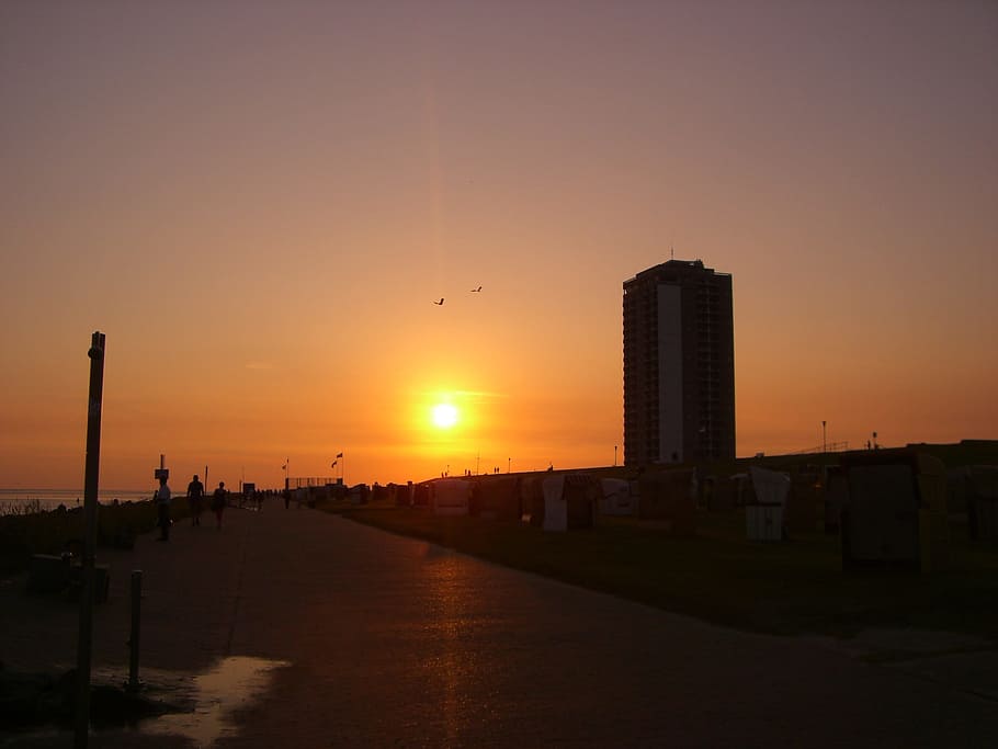 Büsum, Sunset, Evening, Beach, city, sky, architecture, building exterior HD wallpaper