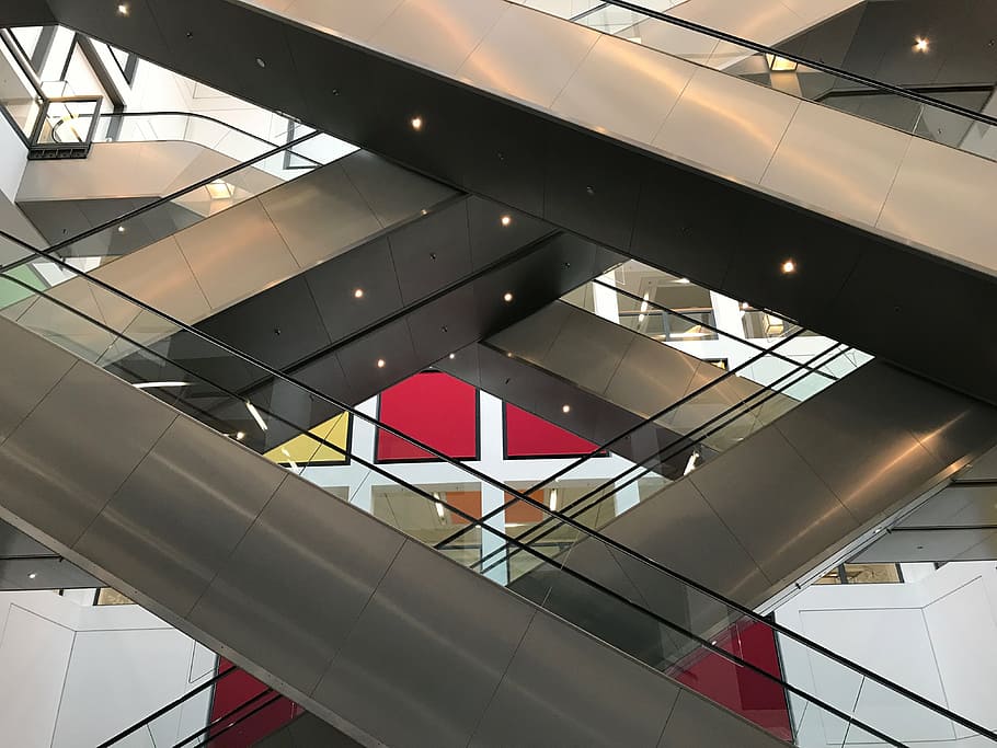 abstract, escalator, interior design, architecture, city, structure HD wallpaper