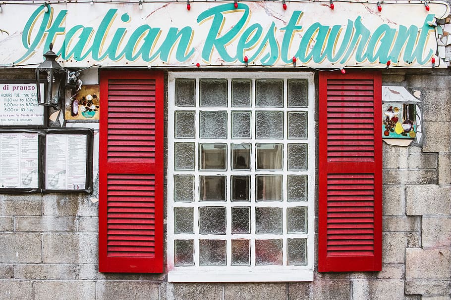 Italian restaurant signage under clear glass window panel, Italian Restaurant signage beside window HD wallpaper