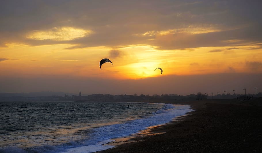 sunset, sky, water, sea, nature, sufers, kitesurfers, weymouth, HD wallpaper