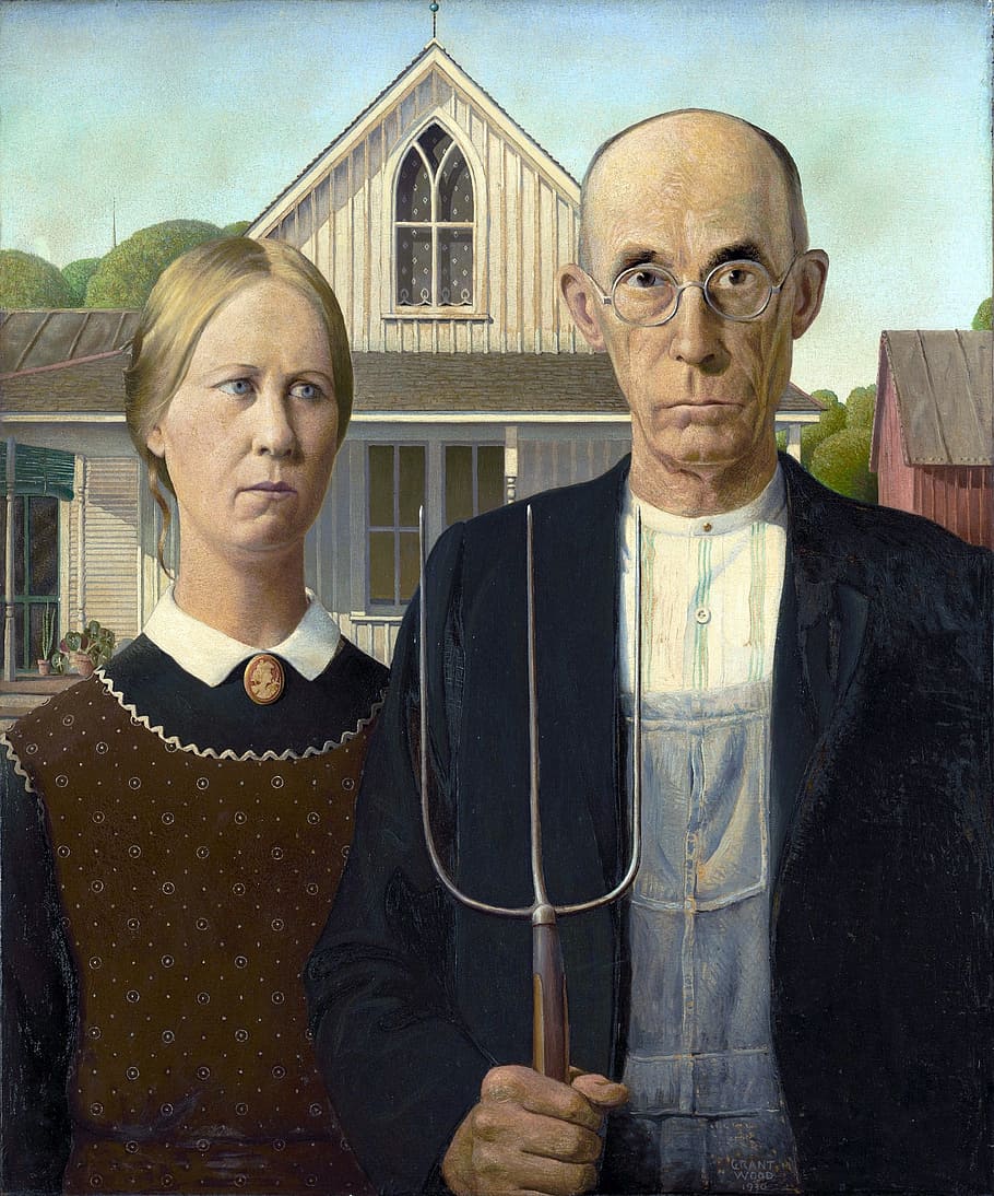 American Gothic painting, grant wood, man, woman, farmers, couple, HD wallpaper