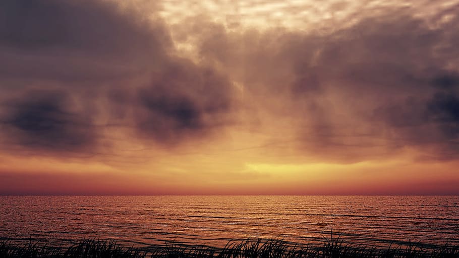 photo of a sunrise, sunset, sea, clouds, silhouette, afterglow HD wallpaper