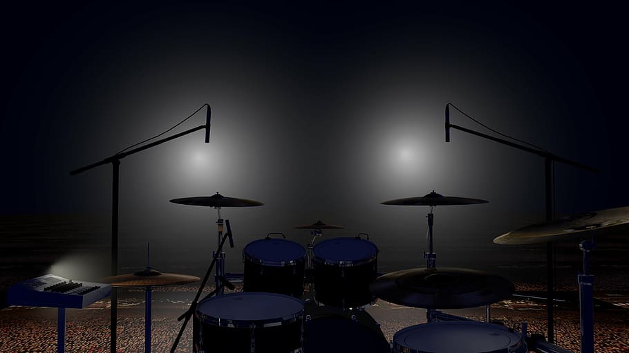 drum set in dark room, drums, live, music, stage - performance space