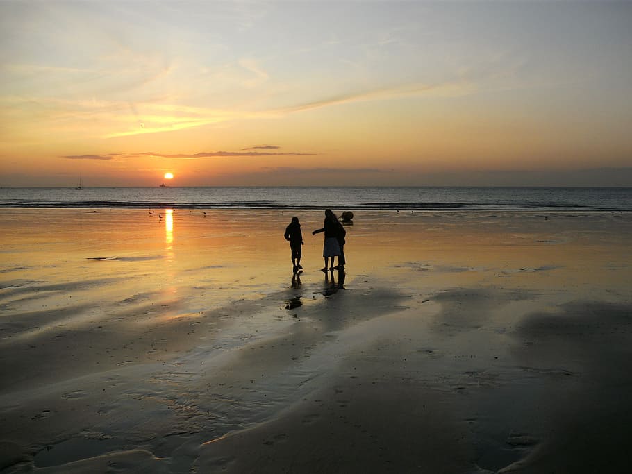 sunset, beach, calais, silhouette, colorful sunset, sea, water HD wallpaper