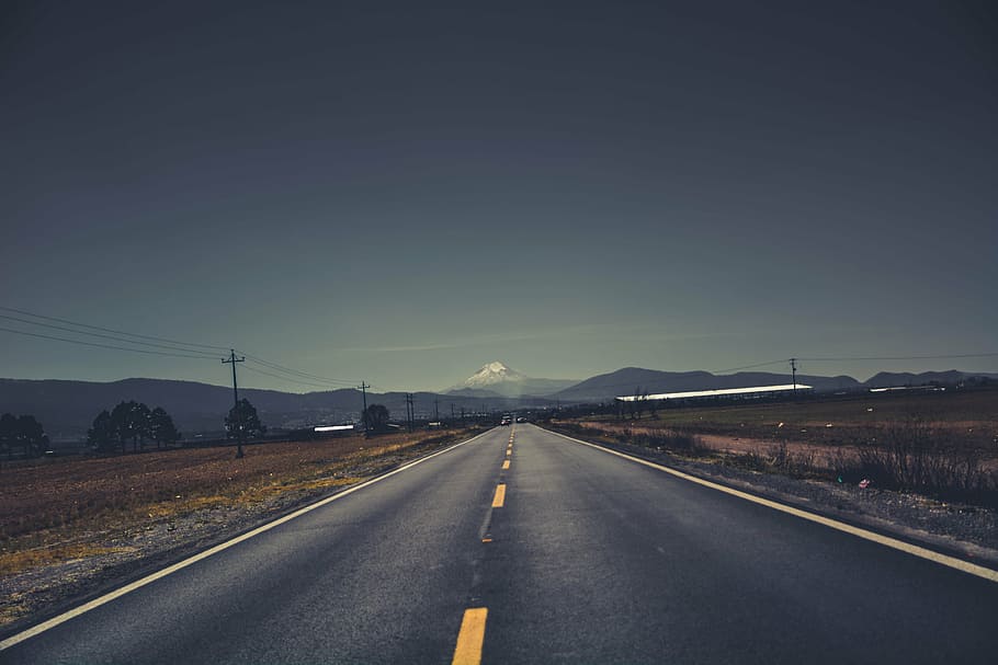 grey asphalt road, stripes, peak, transportation, sky, sign HD wallpaper