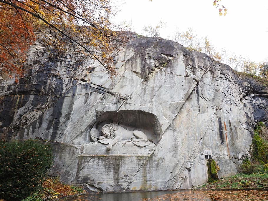lion monument, dying, relief, swiss conservation, lying, bertel thorvaldsen, HD wallpaper