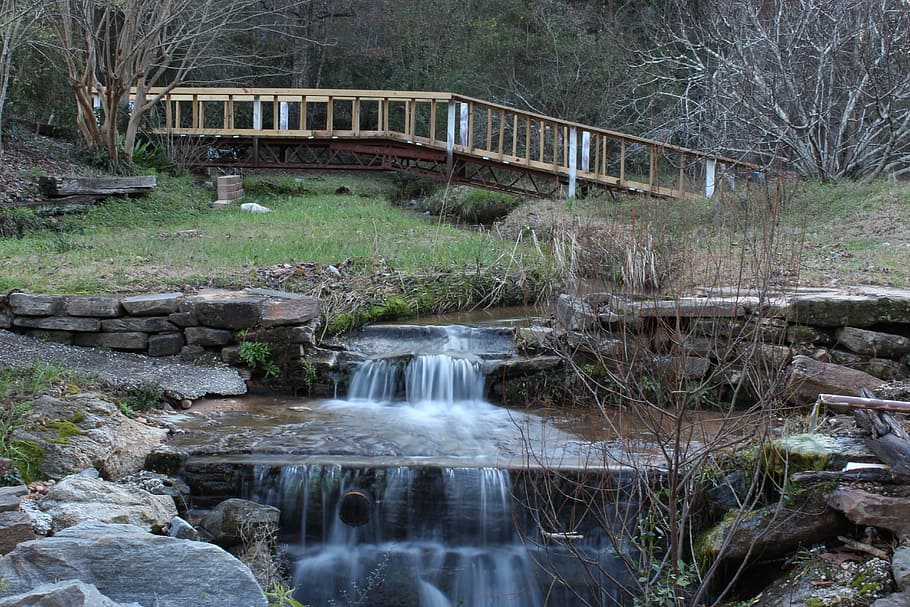 bridge, waterfall, outdoor, tree, plant, forest, flowing water HD wallpaper