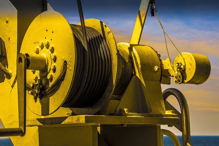 winch, rope, ship technology, structures, sea, yellow, no people HD wallpaper