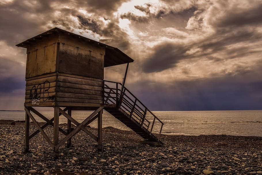 Lifeguard, Tower, Tower, Beach, Clouds, Sky, sunlight, storm HD wallpaper