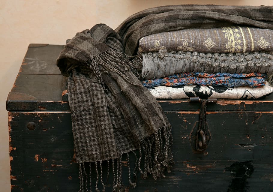 assorted-colored scarves on black wooden chest box, textiles, HD wallpaper