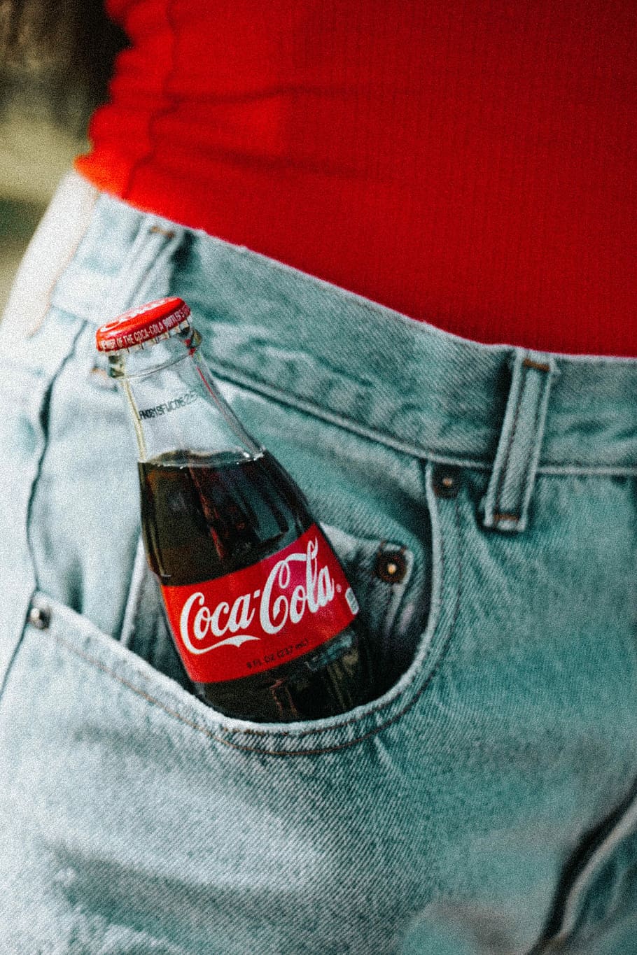 Coca-Cola glass bottle on pocket, Coca-Cola glass bottle inside jeans pocket