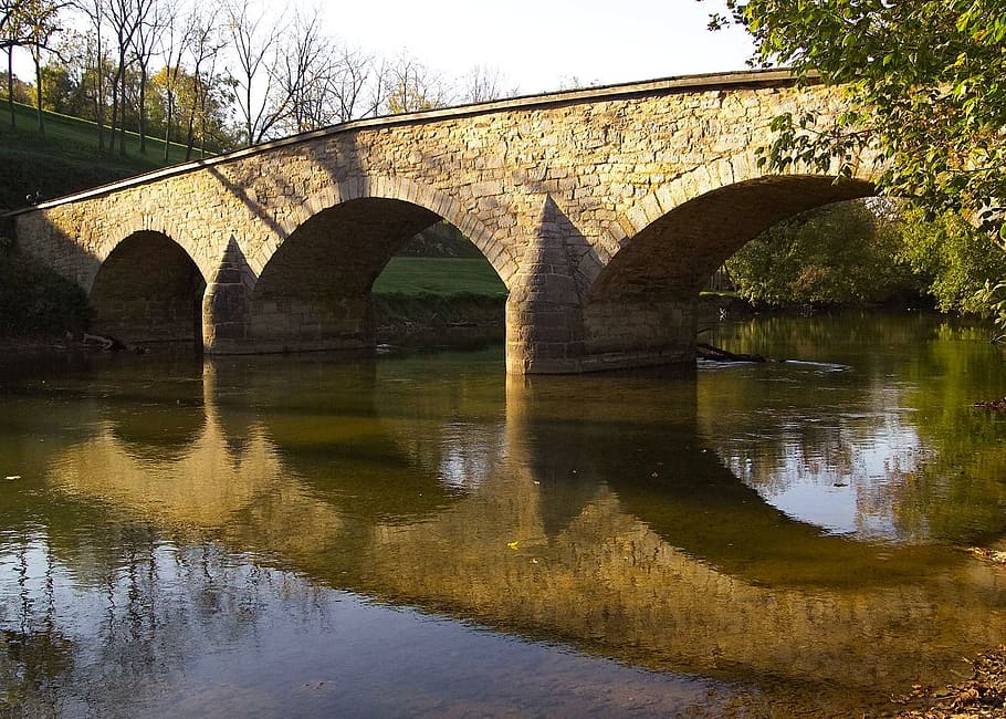 brown brick bridge near body of water, antietam, maryland, burnside bridge