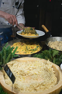Cook scoops risotto, cooking, food, restaurant, meal, vegetable HD wallpaper