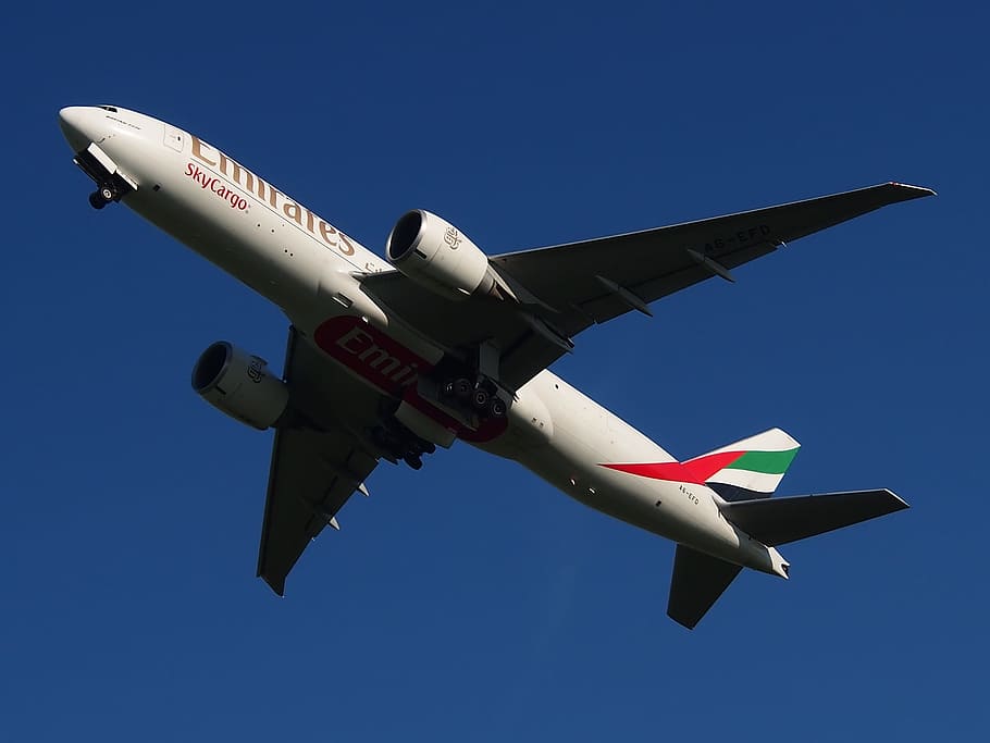 gray Emirates airliner flying during daytime, Boeing 777, Aircraft