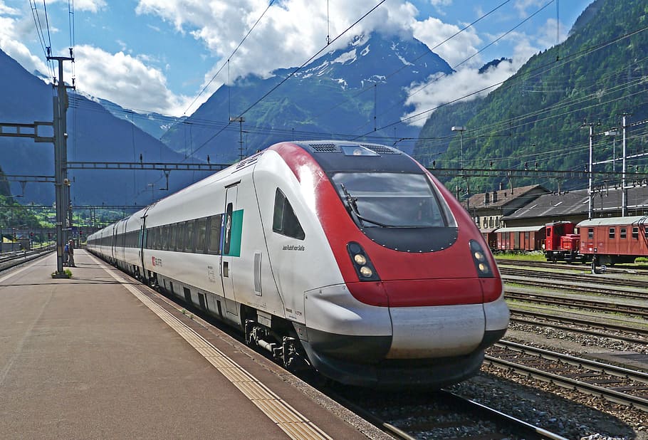 white and red train, Switzerland, Alpine, Ice, Transalpin, alpine ice