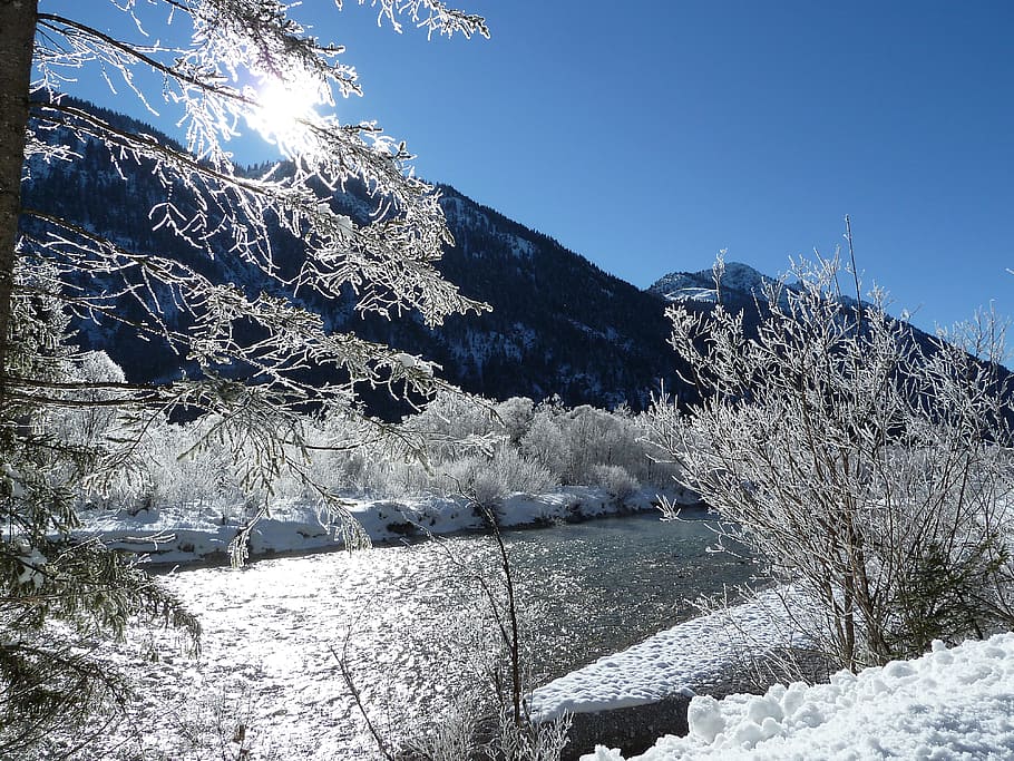 austria, winter, river, snow, cold, sunny, morning, frisch HD wallpaper