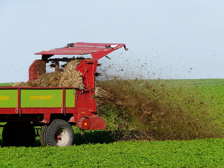 red harvester machine, fertilize, crap, field, agriculture HD wallpaper