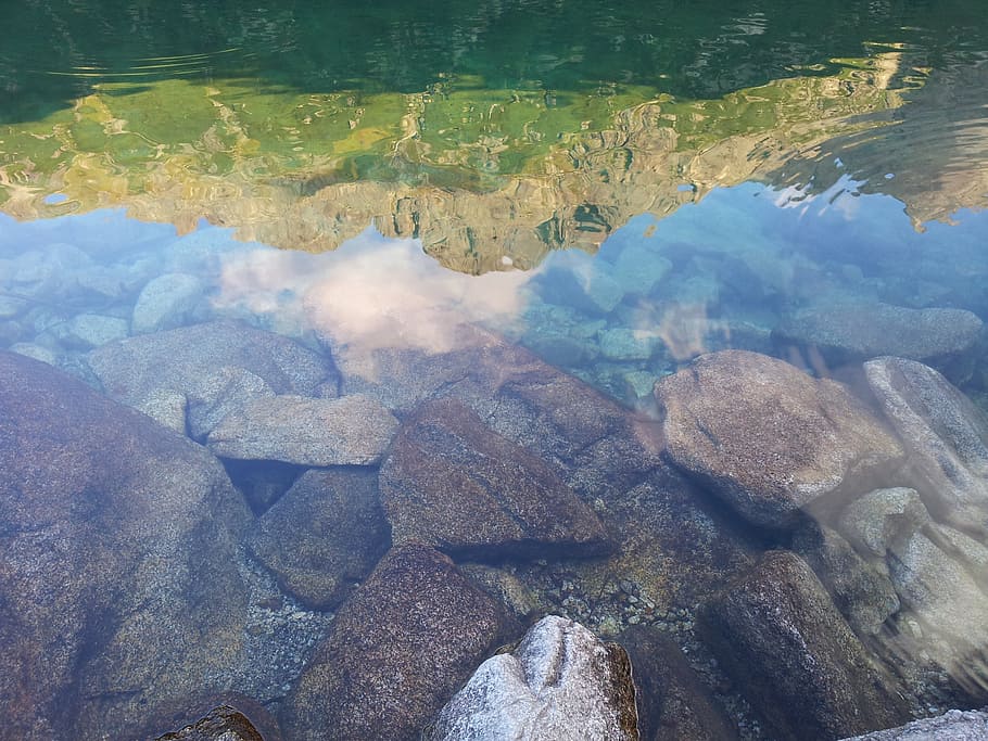 reflection, rocks, mountains, nature, beautiful, lake, stone HD wallpaper