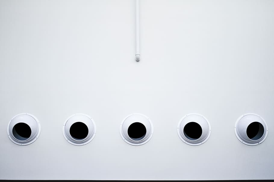 five white security camera on wall, photo of white painted wall with holes, HD wallpaper