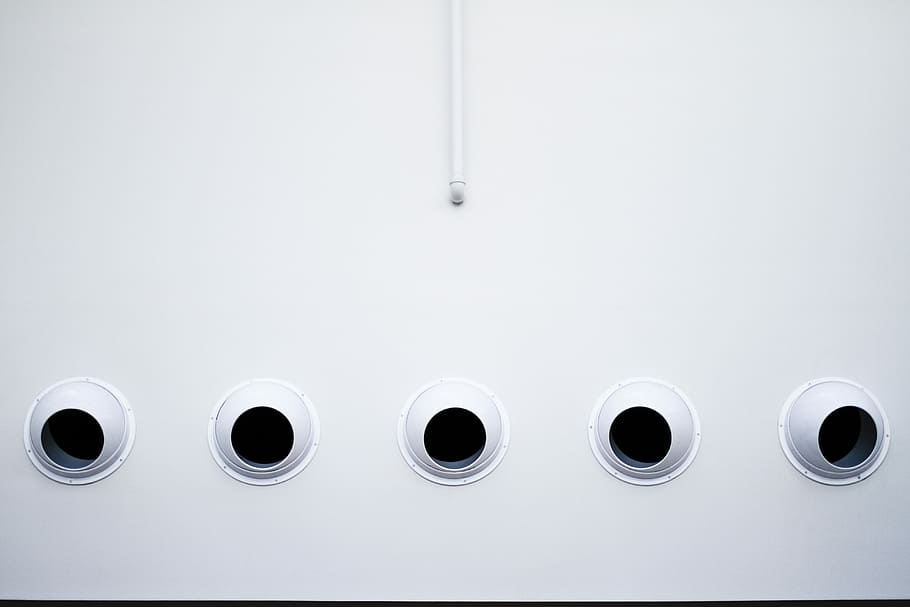 five white security camera on wall, photo of white painted wall with holes HD wallpaper