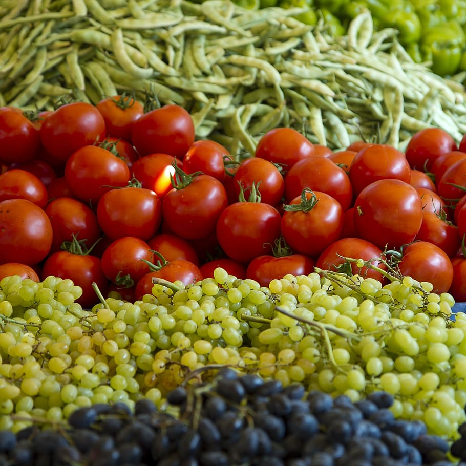 tomatoes, grapes, beans, food, food and drink, vegetable, freshness HD wallpaper