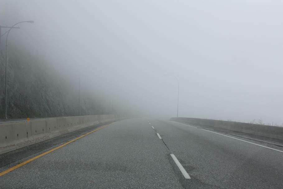 road under the gray sky, fog, route, transportation, the way forward HD wallpaper