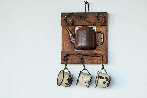 brown teapot wall decor, coffee pot, cups, battered, old, retro HD wallpaper
