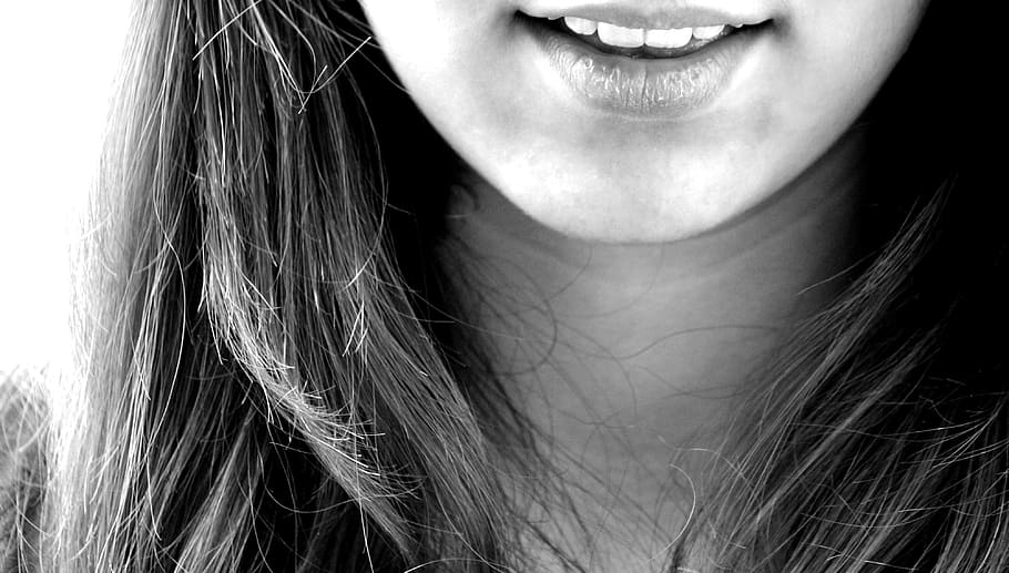 grayscale photography of woman sticking her mouth open, smile HD wallpaper
