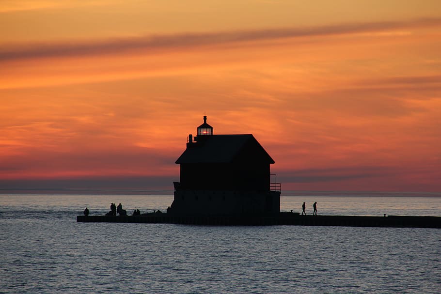 house near body of water during sunset, sea, lighthouse, sky HD wallpaper